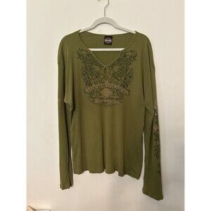 Harley Davidson Motorcycles Top Green LS Keyhole Fitted bust Size 46-48